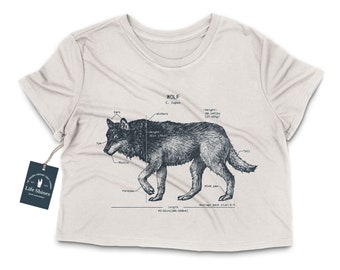 Wolf Anatomy Crop Top, Gray Wolf Crop Top, Wolf Shirt for Ladies, Screen Printed Wolf Tee