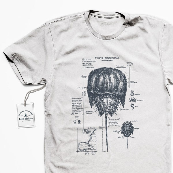 Atlantic Horseshoe Crab Anatomy Tshirt, Marine Biology Shirt, Screen Printed Horseshoe Crab Biology Diagram