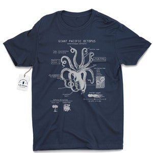 Octopus Anatomy T-shirt, Beach Tee, Octopus Shirt, Octopus Gifts, Marine Biology Gifts, Original Octopus Drawing Navy
