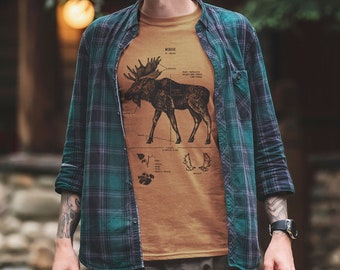 T-shirt d'anatomie de l'orignal, chemise d'orignal Yellowstone, chemise de biologie de l'orignal, chemise sérigraphiée d'orignal, chemise en bois d'orignal, oeuvre d'art originale d'orignal