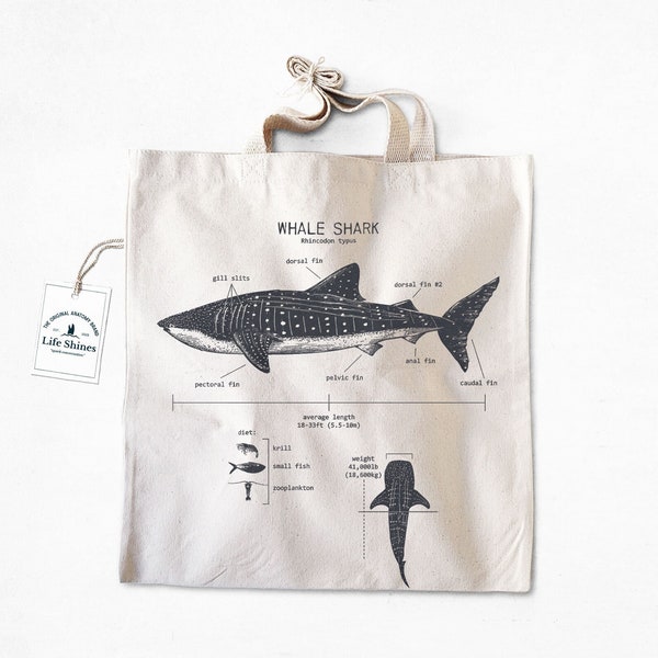 Whale Shark Anatomy Tote Bag, Natural Cotton Canvas Whale Shark Bag, Whale Shark Biology Tote Bag, Screen Printed Canvas Bag