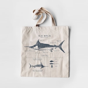 Blue Marlin Anatomy Tote Bag, Blue Marlin Beach Bag, Marlin Bag, Fishing Tote Bag, Fishing Gifts, Marine Biology Tote Bag, Blue Marlin Art