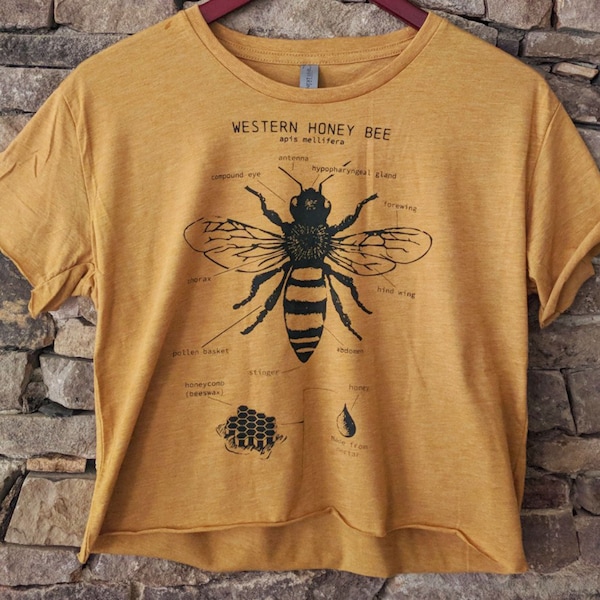 LIMITED EDITION Crop Top, Biene Anatomie, Western Honey Bee Crop Top, Siebdruck Biene Shirt, Natur Crop Top, Biene Biologie Zeichnung