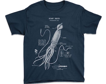 ユース向け巨大イカ解剖図Tシャツ：イカの生物学図解 - Architeuthis Dux 手刷りスクリーンプリント子供用頭足類シャツ