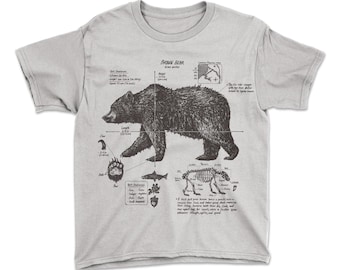 ユース用ヒグマ解剖学Tシャツ：グリズリーベア生物学シャツ、手刷りスクリーンプリント - Ursus Arctos