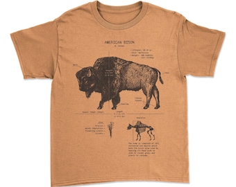 ユースバイソン解剖学Tシャツ：バイソン生物学スクリーンプリント - 子供用ソフトコットンシャツ、手刷りシルクスクリーン