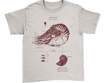 ユース用オウムガイ解剖図Tシャツ：オウムガイ生物学スクリーンプリント - 柔らかいコットン素材の頭足類スクリーンプリントキッズシャツ