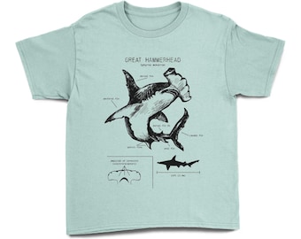 Camiseta juvenil de anatomía del tiburón martillo: Biología del tiburón martillo - Camiseta de tiburón estampada a mano en EE. UU.