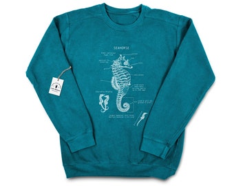 Seahorse Anatomy Sweatshirt, Seahorse Sweatshirt, Marine Biology Sweatshirt, Screen Printed Seahorse Sweatshirt, Seahorse Biology Art