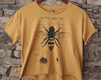 LIMITED EDITION Crop Top, Bee Anatomy, Western Honey Bee Crop Top, Screen Printed Bee Shirt, Nature Crop Top, Bee Biology Drawing