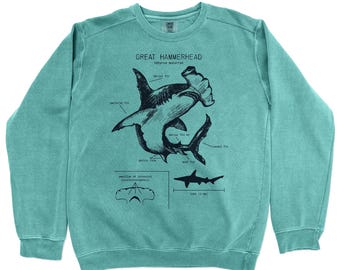 Hammerhead Shark Anatomy Sweatshirt, Hammerhead Shark Biology, Shark Diagram Sweatshirt, Hand Screen Printed Hammerhead Shark Sweatshirt