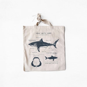 Great White Shark Anatomy Tote Bag, Screen Printed Shark Tote Bag, Shark Biology Tote, Shark Canvas Beach Bag, Marine Biology Tote Bag