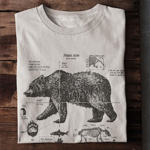 T-shirt med brunbjörnsanatomi: Handritad grizzlybjörnsdesign, silkscreentryck på mjuk bomull