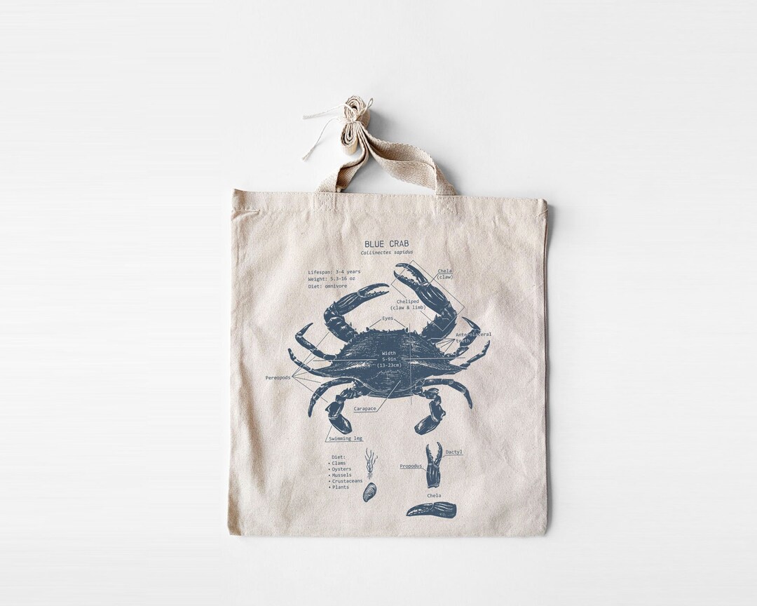 Blue Crab Anatomy Tote Bag, Chesapeake Bay Crab Bag, Maryland Blue Crab