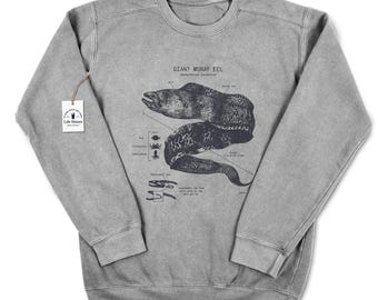 Sudadera con anatomía de la anguila morena, sudadera con anguila morena gigante, diagrama de biología de la anguila, sudadera con biología marina, anatomía de la anguila serigrafiada a mano
