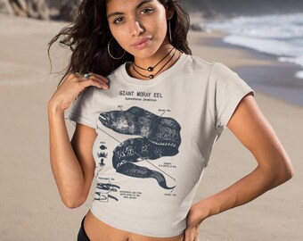Top corto con anatomía de anguila morena gigante, top corto de anguila para mujer, camiseta de anguila de biología marina, arte de anguila morena gigante, serigrafía de anguila morena