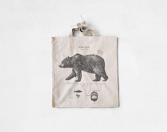 Brown Bear Anatomy Tote Bag, Grizzly Bear Tote Bag, Biology Bear Bag, Vintage Bear Screen Printed Bag, High Quality Canvas Tote Bag