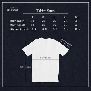 May include: A size chart for a t-shirt with measurements in inches for body width, body length, and sleeve length. The chart shows sizes S, M, L, XL, and 2XL.