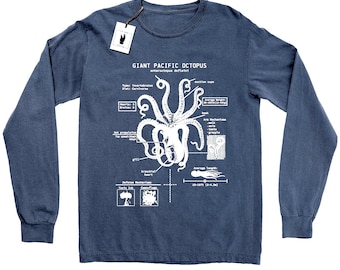 Octopus Anatomy Long Sleeve, Octopus Gifts, Octopus Biology Shirt, Marine Biologist Long Sleeve, Octopus Screen Printed Cotton Long Sleeve