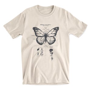 May include: A beige t-shirt with a black and white illustration of a monarch butterfly with labeled anatomical parts. The illustration also includes a life cycle diagram of the butterfly and a milkweed plant.