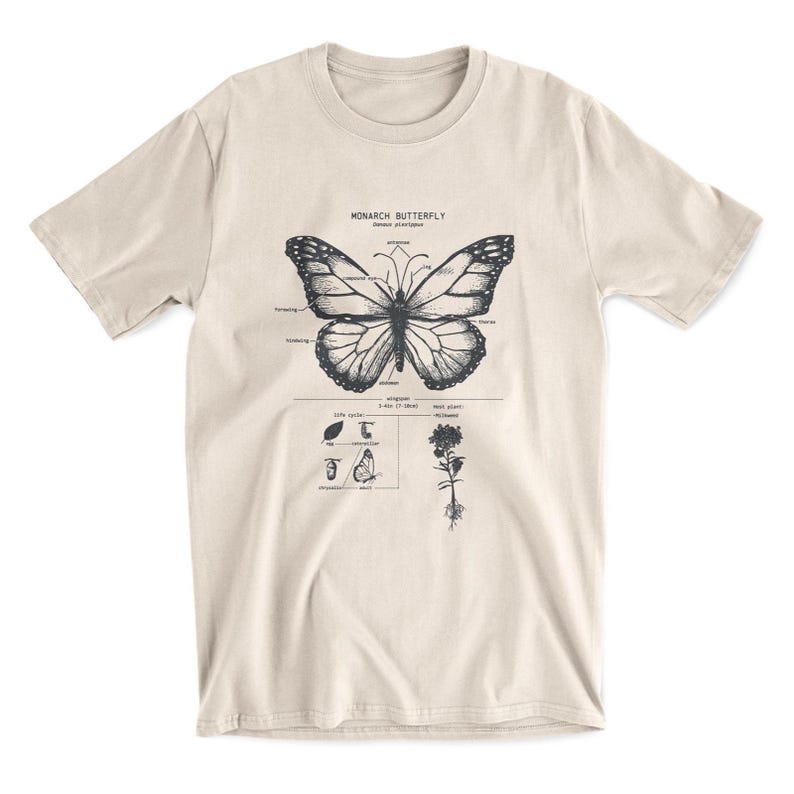 May include: A beige t-shirt with a black and white illustration of a monarch butterfly with labeled anatomical parts. The illustration also includes a life cycle diagram of the butterfly and a milkweed plant.