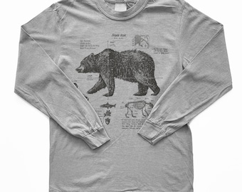ブラウンベア解剖学ロングスリーブ：クマの生物学描画手描きスクリーンプリントシャツ - 厚手コットングリズリーベアシャツ