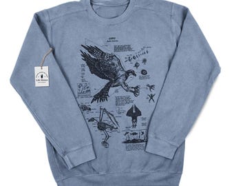 Osprey Anatomy Sweatshirt: Hand Drawn Fish Hawk Design Screen Printed on Cotton/Poly Sweatshirt