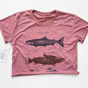 LIMITED EDITION Salmon Life Cycle Crop Top,  Sockeye Salmon Shirt, Vintage Salmon Drawing, Marine Biologist Shirt, Salmon Screen Print