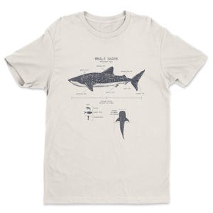 May include: A beige t-shirt with a black and white illustration of a whale shark with anatomical labels. The text "Whale Shark (Rhincodon typus)" is printed above the illustration. The illustration includes labels for the dorsal fin, pectoral fin, pelvic fin, anal fin, caudal fin, gill slits, snout, and mouth. The average length of the whale shark is listed as 26 feet (8 meters).
