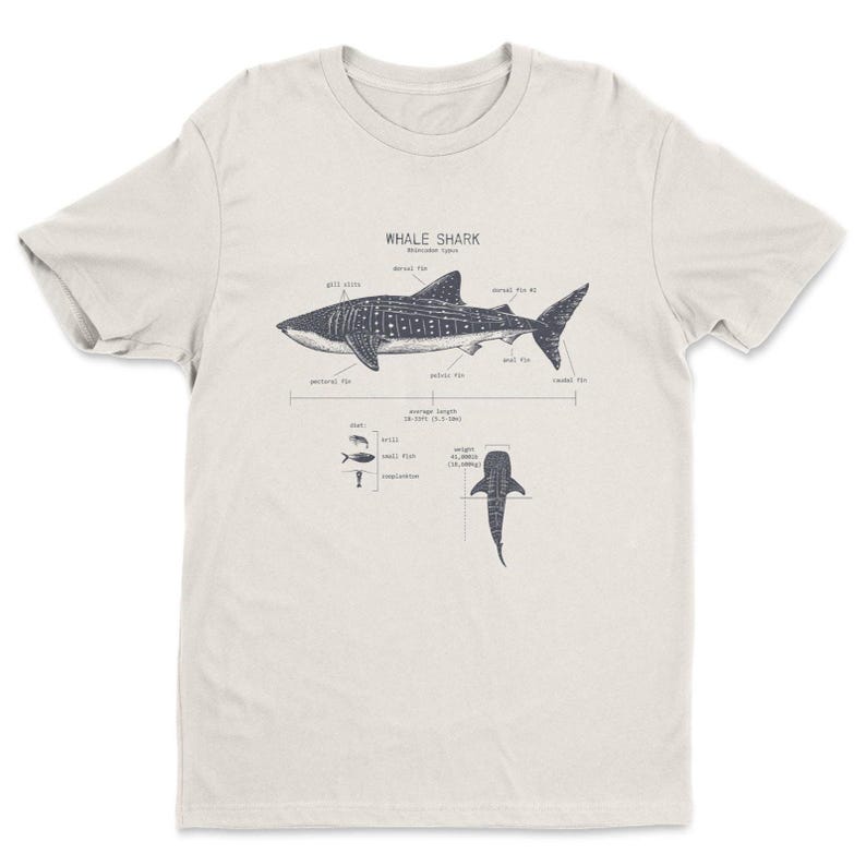 May include: A beige t-shirt with a black and white illustration of a whale shark with anatomical labels. The text "Whale Shark (Rhincodon typus)" is printed above the illustration. The illustration includes labels for the dorsal fin, pectoral fin, pelvic fin, anal fin, caudal fin, gill slits, snout, and mouth. The average length of the whale shark is listed as 26 feet (8 meters).