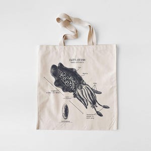 Cuttlefish Anatomy Tote Bag, Cuttlefish Beach Tote Bag, Marine Biologist Gifts, Cephalopod Bag, Original Cuttlefish Drawing