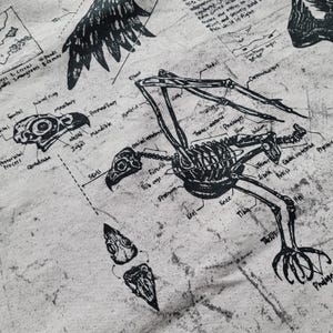 May include: A light grey fabric featuring a detailed black illustration of a bird skeleton, wings, and skull diagrams. Anatomical labels and text are scattered across the surface, creating a scientific or educational theme.