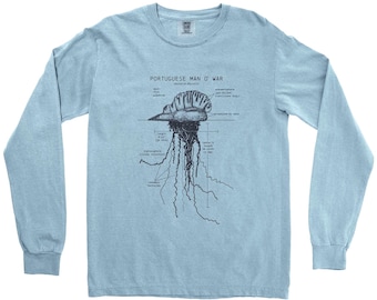 Man o' War Anatomy Long Sleeve, Marine Biology Gifts, Portuguese Man o War Screen Printed Cotton Long Sleeve, Man o War Long Sleeve