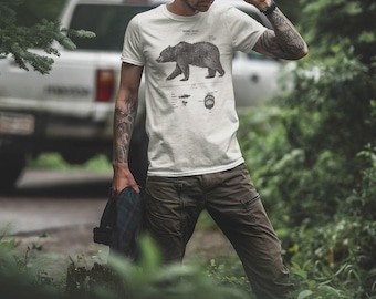 ブラウンベア解剖学Tシャツ、グリズリーベア生物学シャツ、マウンテンアパレル、ブラウンベアオリジナルアートスクリーンプリントTシャツ、グリズリー生物学シャツ