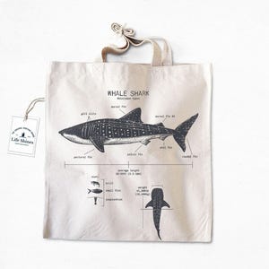 Whale Shark Anatomy Tote Bag, Natural Cotton Canvas Whale Shark Bag, Whale Shark Biology Tote Bag, Screen Printed Canvas Bag