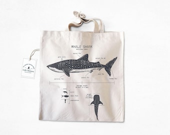 Whale Shark Anatomy Tote Bag, Natural Cotton Canvas Whale Shark Bag, Whale Shark Biology Tote Bag, Screen Printed Canvas Bag