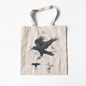 Crow Anatomy Tote Bag, Crow Bag, Screen Printed Tote Bag, Corvus Bag, American Crow Tote Bag, Crow Gifts, Original Crow Drawing
