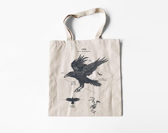 Crow Anatomy Tote Bag, Crow Bag, Screen Printed Tote Bag, Corvus Bag, American Crow Tote Bag, Crow Gifts, Original Crow Drawing