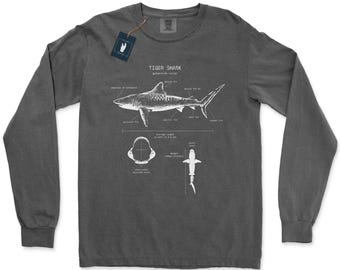 Tiger Shark Anatomy Long Sleeve, Shark Biology Long Sleeve, Shark Anatomy Shirt, Hand Drawn Shark, Tiger Shark Screen Printed Long Sleeve