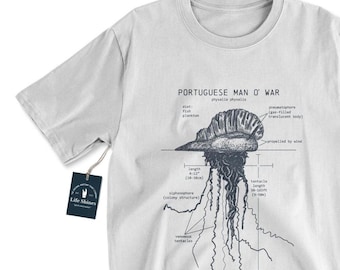 May include: White t-shirt featuring a detailed illustration of a Portuguese Man O' War, including its anatomy and the text "PORTUGUESE MAN O' WAR." The design includes measurements in inches and feet.