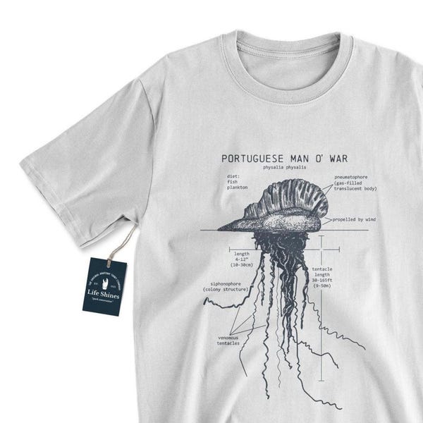 Maglietta con anatomia dell'uomo portoghese della guerra, maglietta con biologo marino, maglietta dell'uomo della guerra, maglietta con medusa bottiglia blu, maglietta da spiaggia vintage