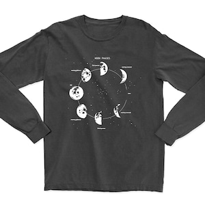 Moon Phases Long Sleeve, Astronomy Long Sleeve Shirt, Full Moon Shirt, Moon Crescent Shirt, Hand Screen Printed Moon Cotton Long Sleeve