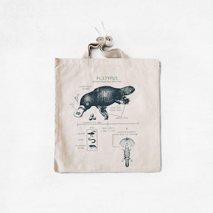 Platypus Anatomy Tote Bag, Platypus Screen Printed Tote Bag, Platypus Biology Tote Bag, Platypus Drawing Tote, Platypus Canvas Shopping Bag
