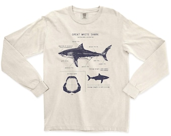 Great White Anatomy Long Sleeve, Shark Lover Gifts, Marine Biology Shirt, Wildlife Long Sleeve, Science Illustration, Surf Shirt, Shark Tee