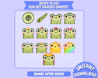 13 Cute Frog Sub Emotes, Frog Life Cycle, Kawaii Frog, ready to use, starter subscriber emotes