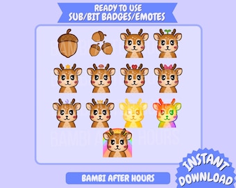 13 Cute Deer Sub badges Emotes, ready to use, starter subscriber emotes