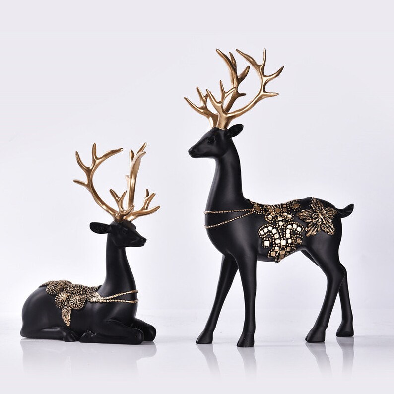 White Black And Gold Decoration Deer With Golden Horns And Decoration Animal Modern Statues Standing And Sitting Deer Pair Statue Sculpture Art Collectibles Delage Com Br