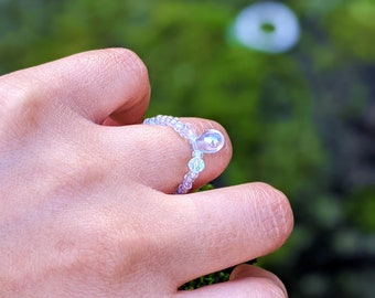 Iridiscent & Clear Glass Beaded Tear Drop Ring - Dew Drops