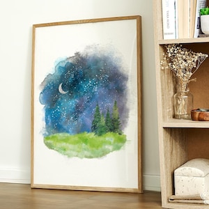 Aquarell Natur, digitale Kunst für Zuhause, Kinderzimmer Dekor, Sofort Download, Bäume und Sterne, Sternenhimmel, blau und grün Kunst Poster