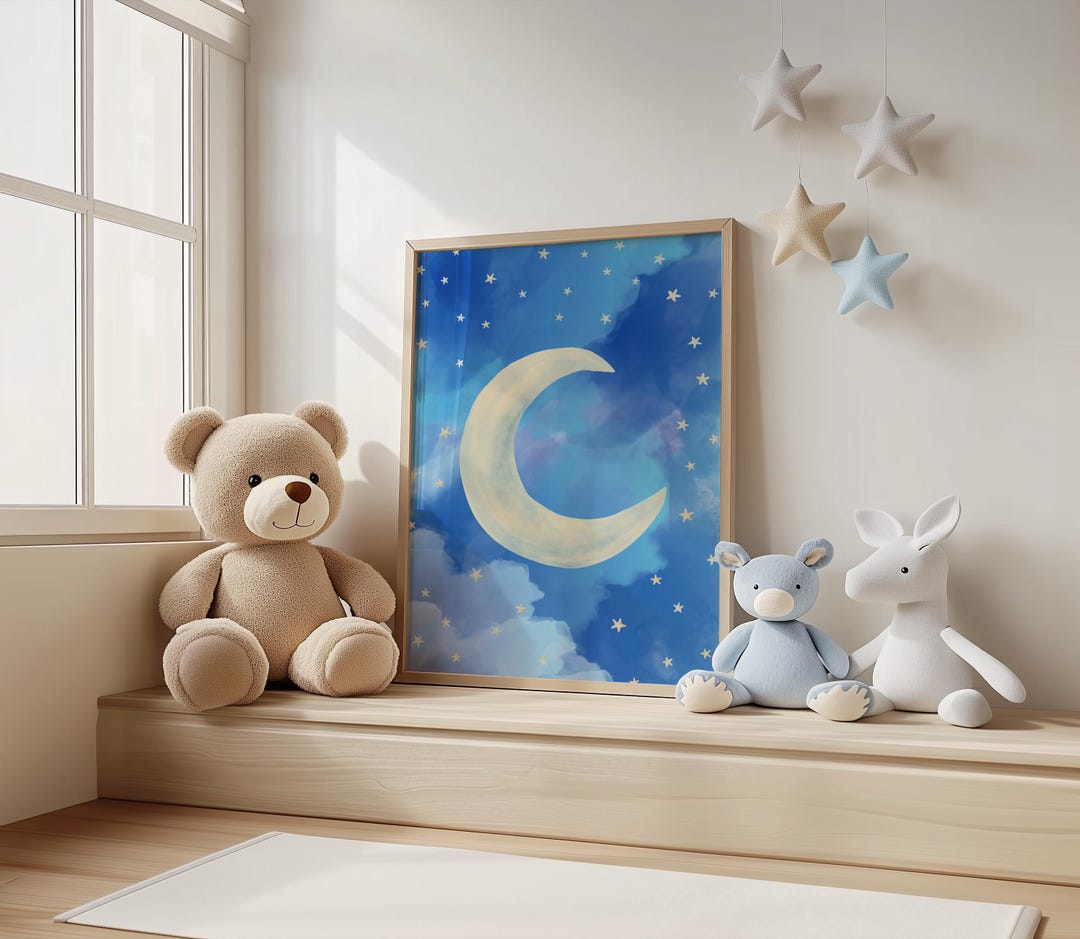 Moon and Stars Nursery Digital Wall Print, Watercolor Children's Art ...